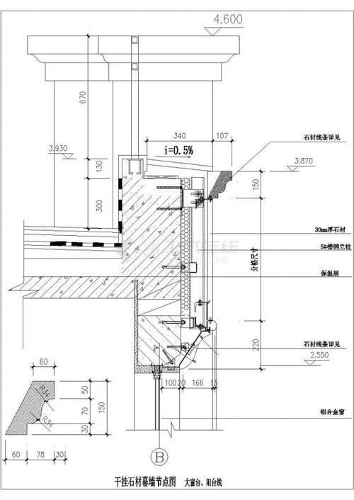 本工程为干挂石材幕墙节点图(圆大窗台,阳台线),设计详细,仅供设计师